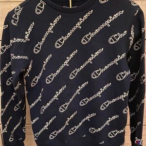 Champion All-Over-Print Kids Crewneck Sweatshirt Navy with Logo Pattern